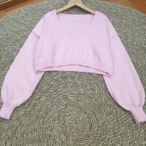 Pink Bubble Sleeve Cropped Knit Sweater Cute Cozy Top